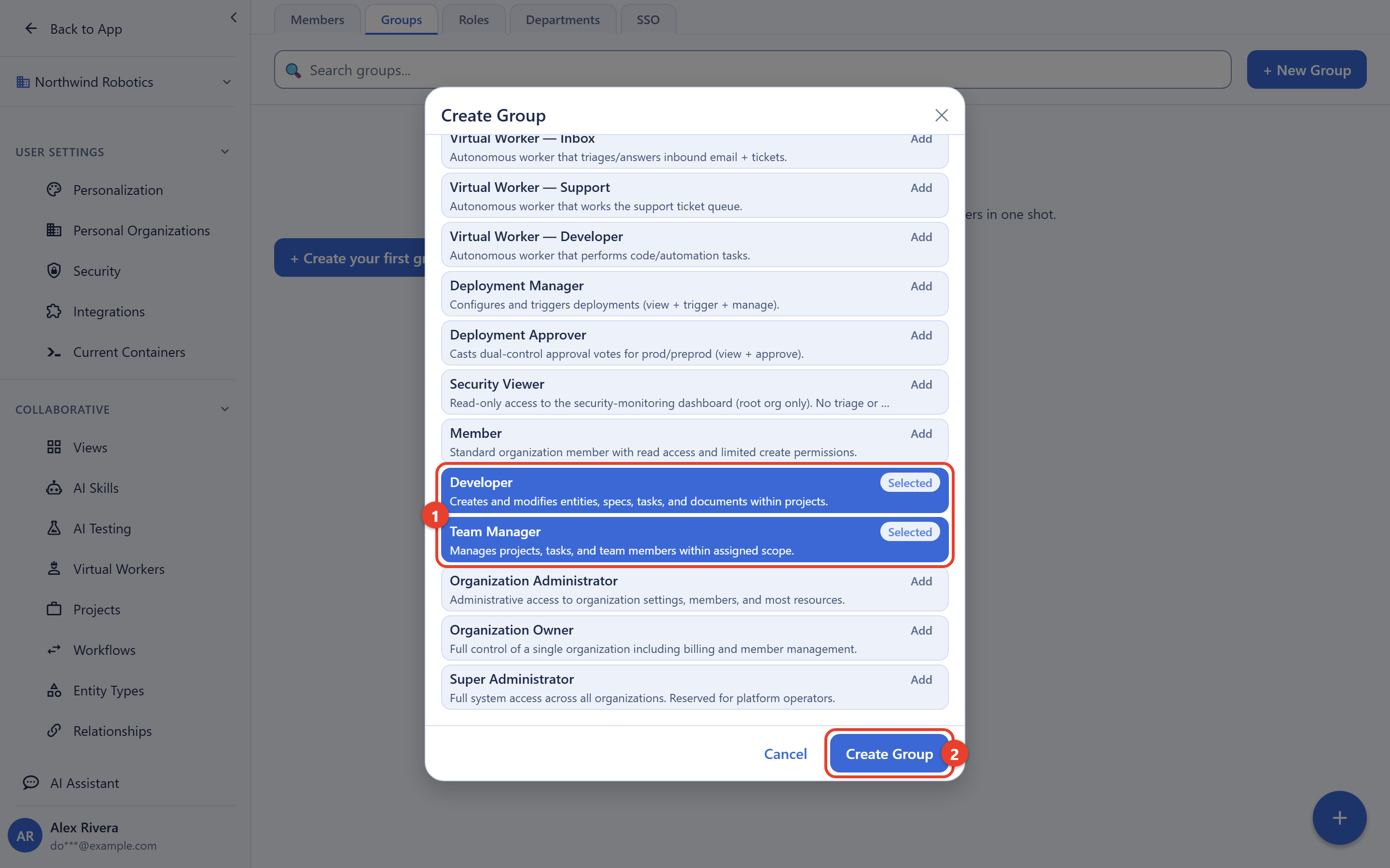 The IAM area on the Groups tab with the Create Group dialog open. A list of available roles is shown; callout 1 marks two roles selected for the group, Developer and Team Manager, each highlighted with a Selected badge. Callout 2 marks the Create Group button next to Cancel.