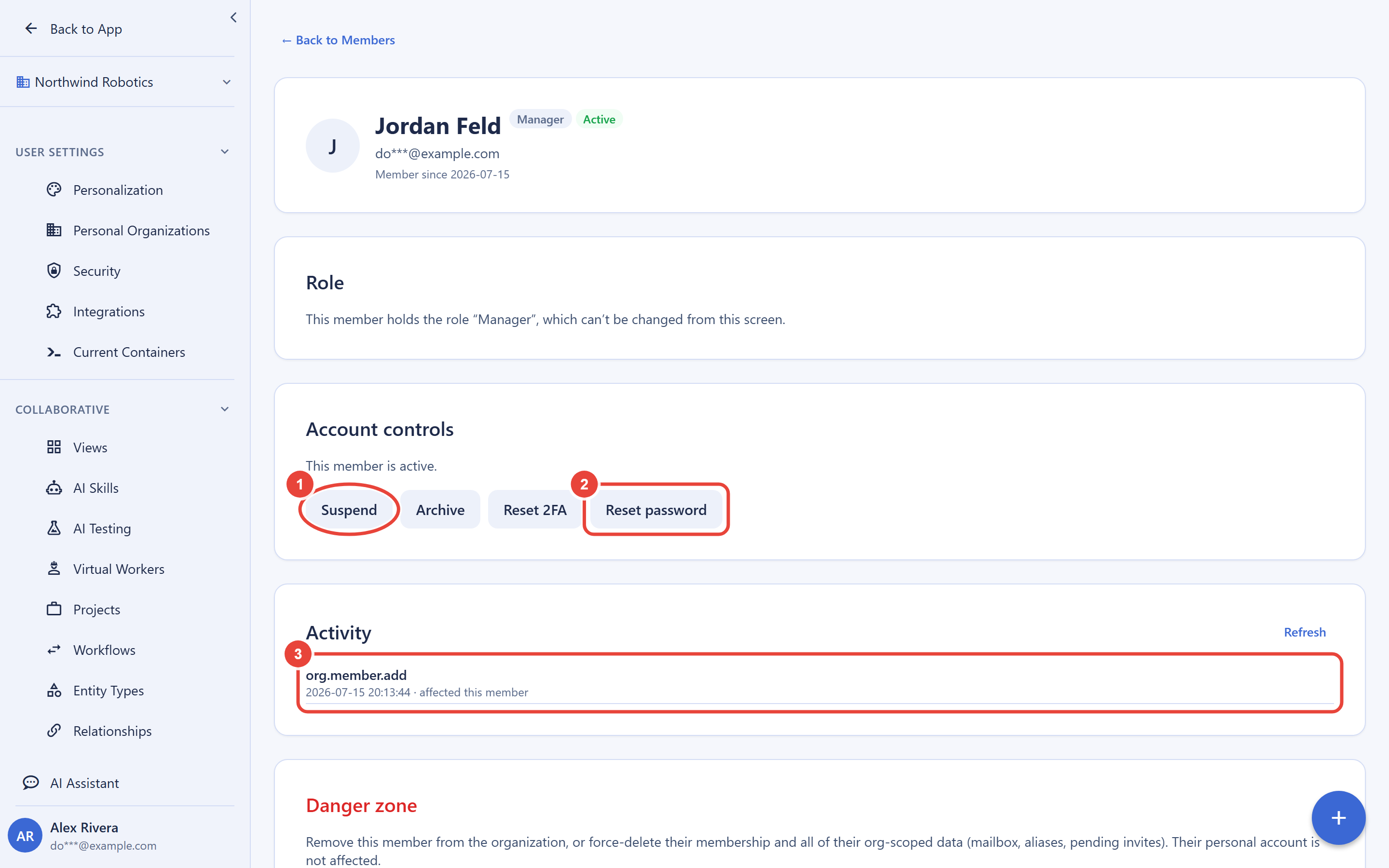 A member detail page for an active manager. The Account controls card shows Suspend, Archive, Reset 2FA, and Reset password buttons; callout 1 circles the Suspend control and callout 2 marks Reset password. Below, the Activity card lists an org member add event with its timestamp, marked by callout 3. A Danger zone section at the bottom offers removal actions.