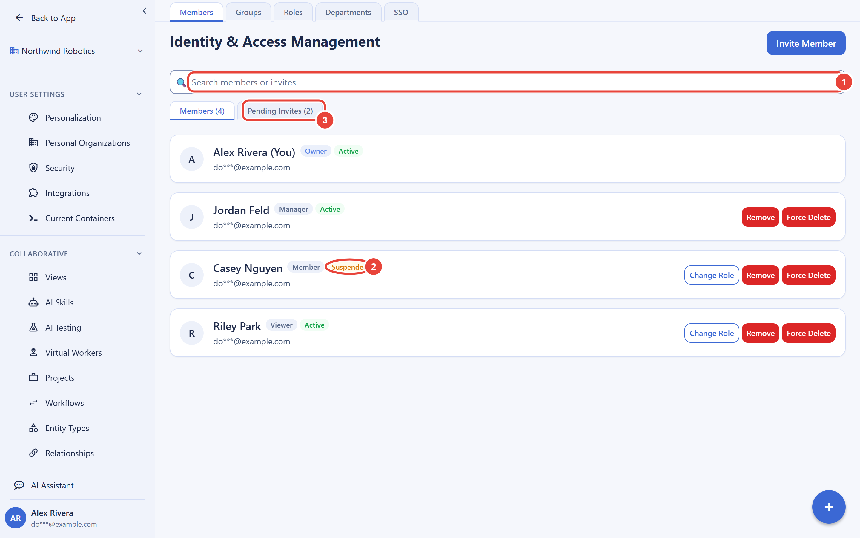 The Identity and Access Management Members screen listing four members: the owner Alex Rivera, a manager and a viewer both active, and a member marked Suspended. Callout 1 marks the search field that filters by name, email, role, or status. Callout 2 circles the Suspended status badge on one member. Callout 3 marks the Pending Invites tab showing a count of 2.