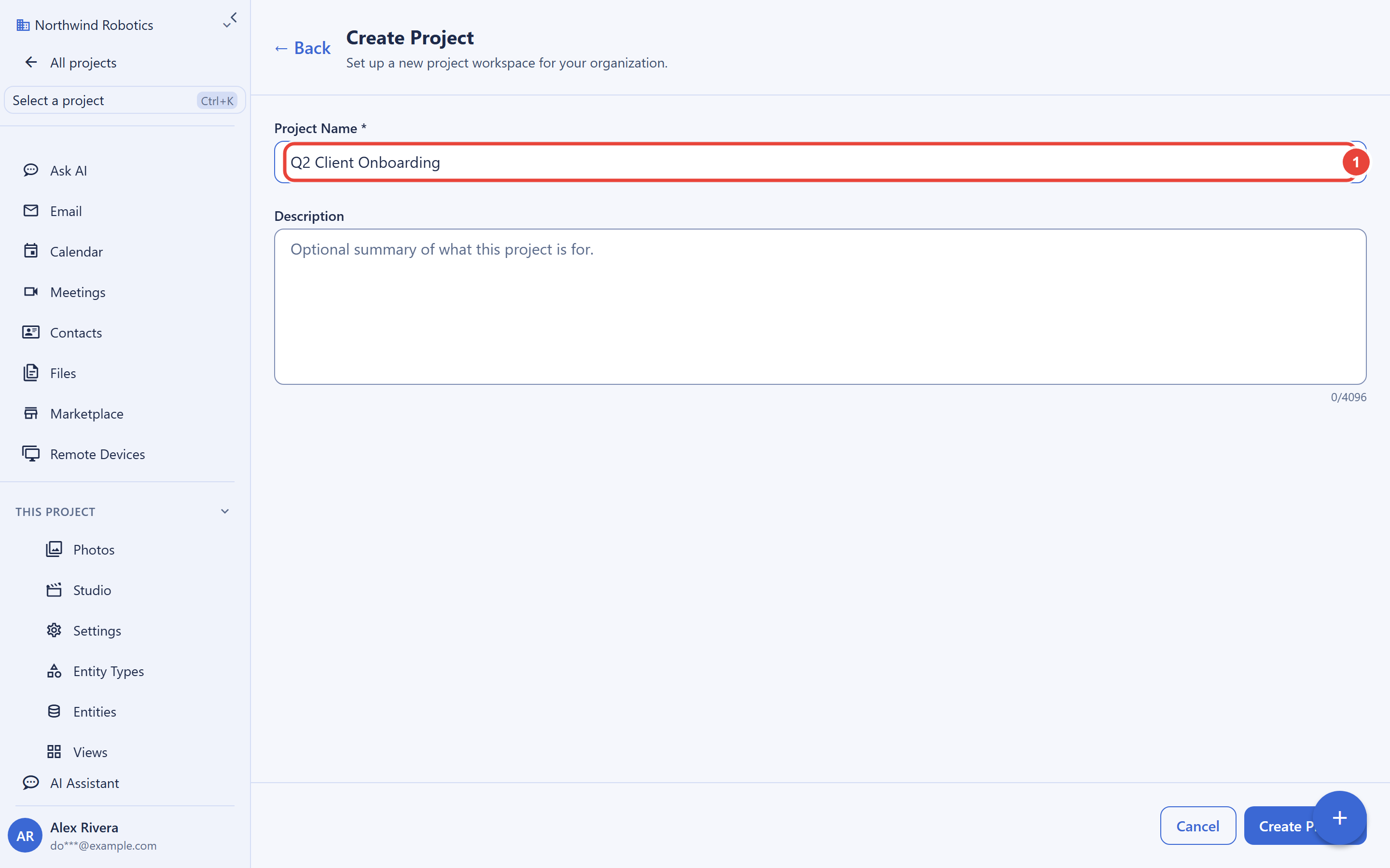 The Create Project screen with the heading Set up a new project workspace for your organization. Callout 1 marks the Project Name field filled in with Q2 Client Onboarding. Below it is an optional Description field and a Create Project button in the footer.