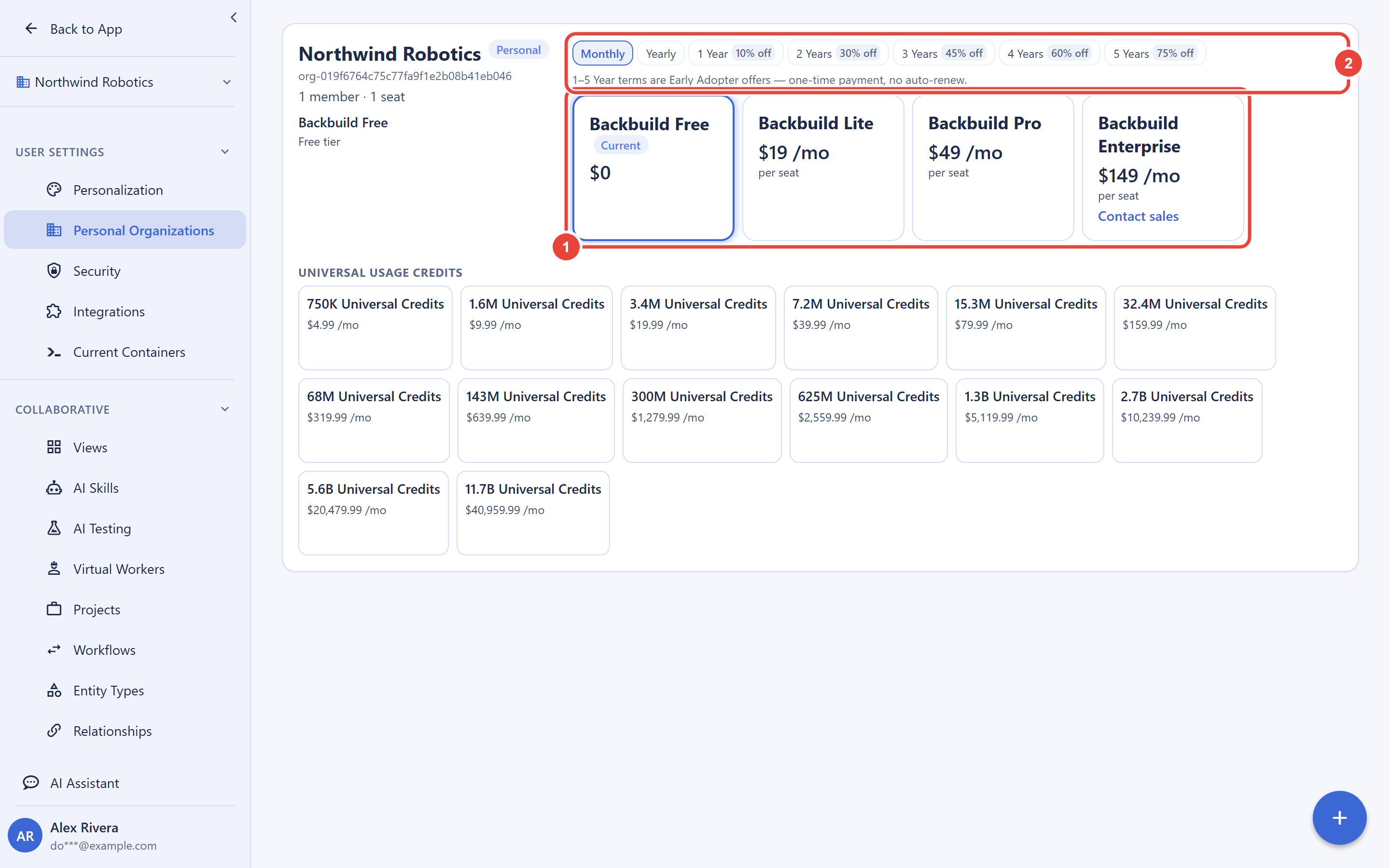 The Settings, Personal Organizations screen showing one owned organization card for Northwind Robotics on the Free plan. Callout 1 marks the row of plan options: Free, Lite at 19 dollars per seat monthly, Pro at 49 dollars per seat monthly, and Enterprise at 149 dollars per seat monthly. Callout 2 marks the billing frequency controls: monthly, yearly, and 1 to 5 year prepaid terms.