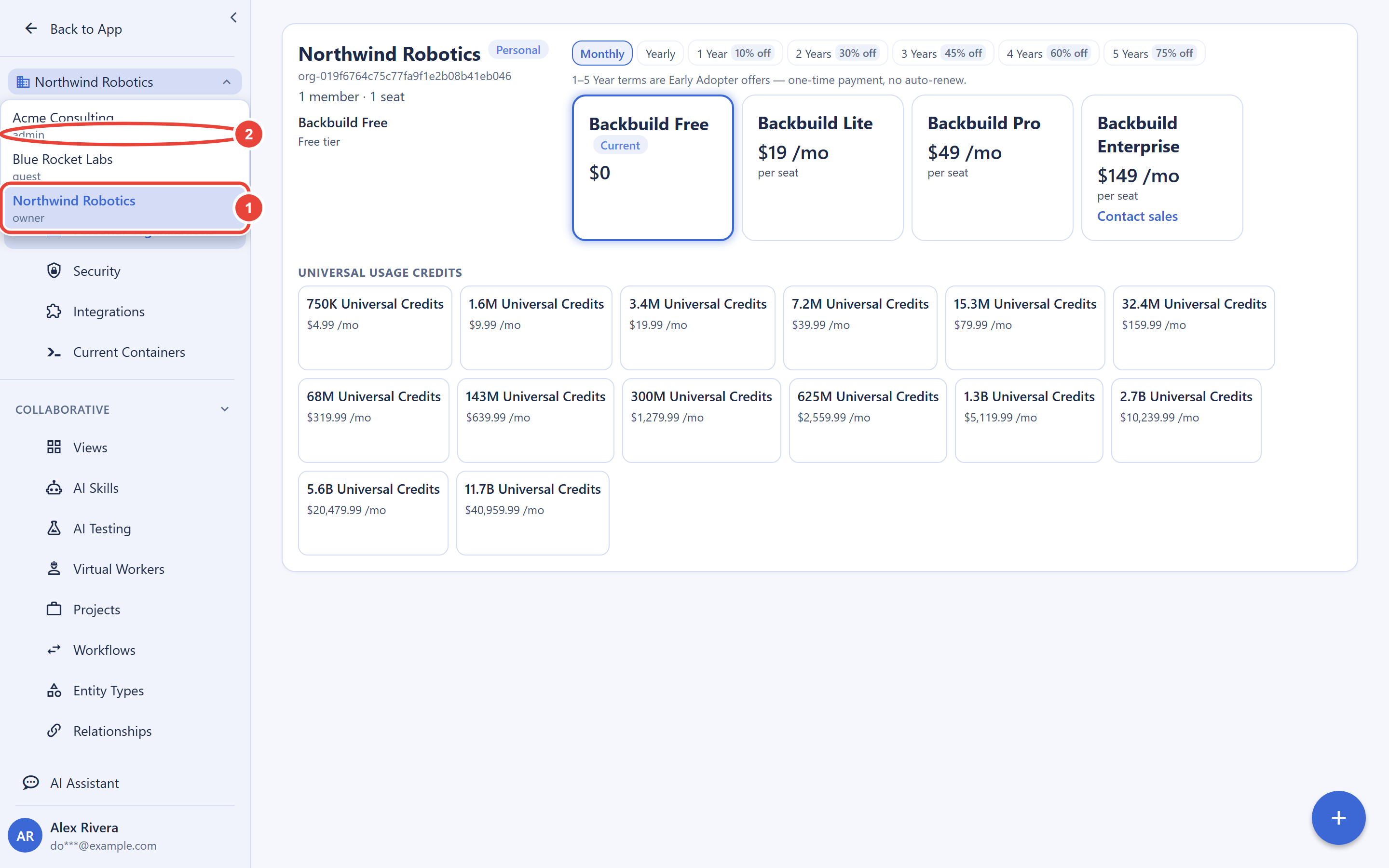 The organization switcher open at the top of the sidebar, listing three organizations: Acme Consulting with the role admin, Blue Rocket Labs with the role guest, and Northwind Robotics with the role owner. Callout 1 marks the highlighted active organization, Northwind Robotics. Callout 2 circles the admin role label under Acme Consulting.