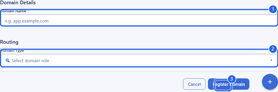 The register-custom-domain form for a package. Callout 1 marks the Domain Name field. Callout 2 marks the Domain Type selector. Callout 3 marks the Register Domain button that starts DNS verification.