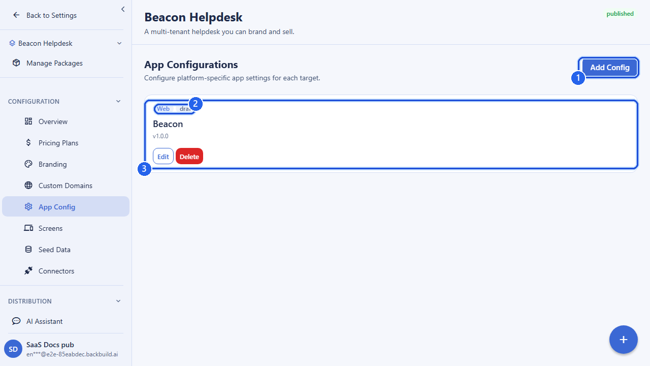 The App Configurations screen for a package. Callout 1 marks the Add Config button. Callout 2 marks the platform badge (Web) identifying the target. Callout 3 marks a per-platform configuration card with its version and edit controls.
