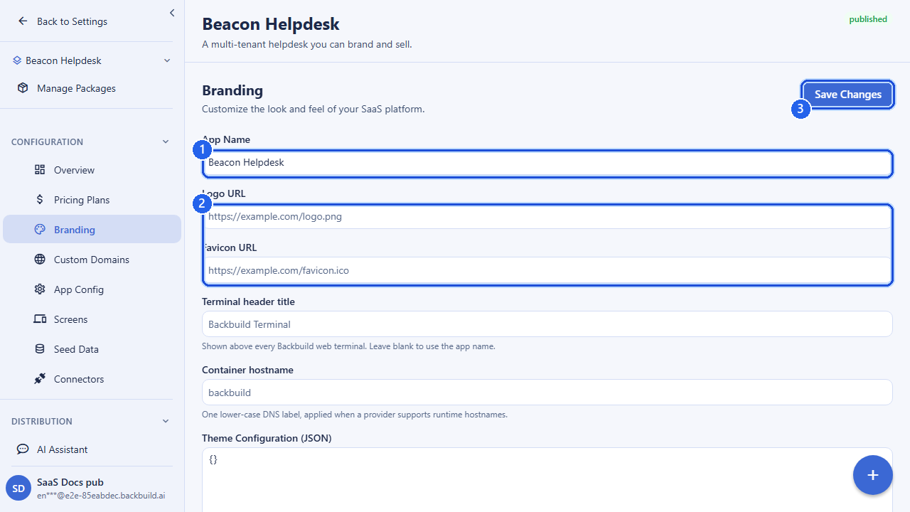 The Branding screen for a package. Callout 1 marks the App Name field. Callout 2 marks the Logo URL and Favicon URL fields. Callout 3 marks the Save Changes button. The screen also carries a Theme Configuration field for finer control.