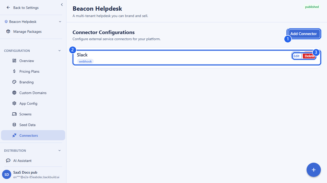 The Connector Configurations screen for a package. Callout 1 marks the Add Connector button. Callout 2 marks a configured connector with its type badge. Callout 3 marks its Edit and Delete actions. Connector credentials are stored encrypted.