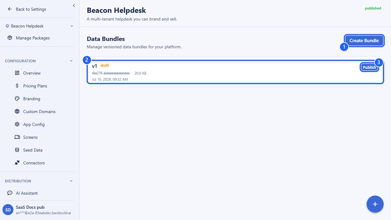 The Data Bundles screen for a package. Callout 1 marks the Create Bundle button. Callout 2 marks a versioned bundle entry with its hash, size, and date. Callout 3 marks the Publish control that makes a bundle the one new tenants start from.