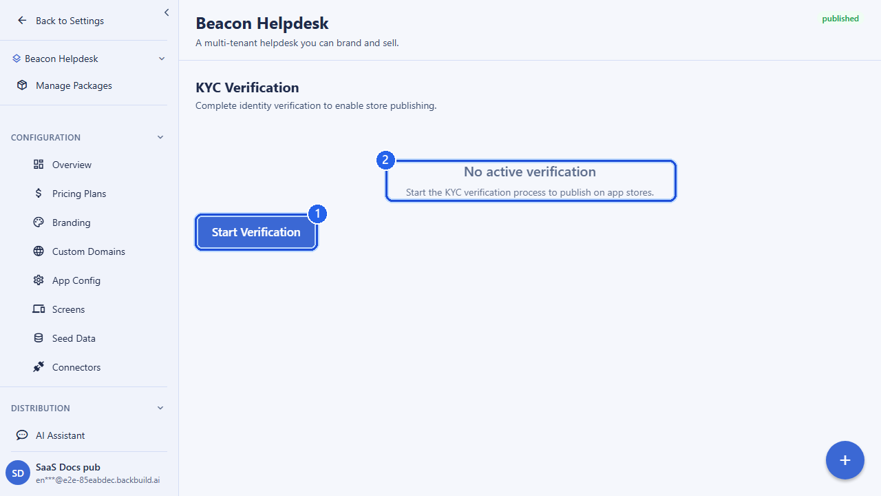 The identity verification screen for a package. Callout 1 marks the Start Verification action. Callout 2 marks the explanation that identity verification enables store publishing. Shown here with no active verification.