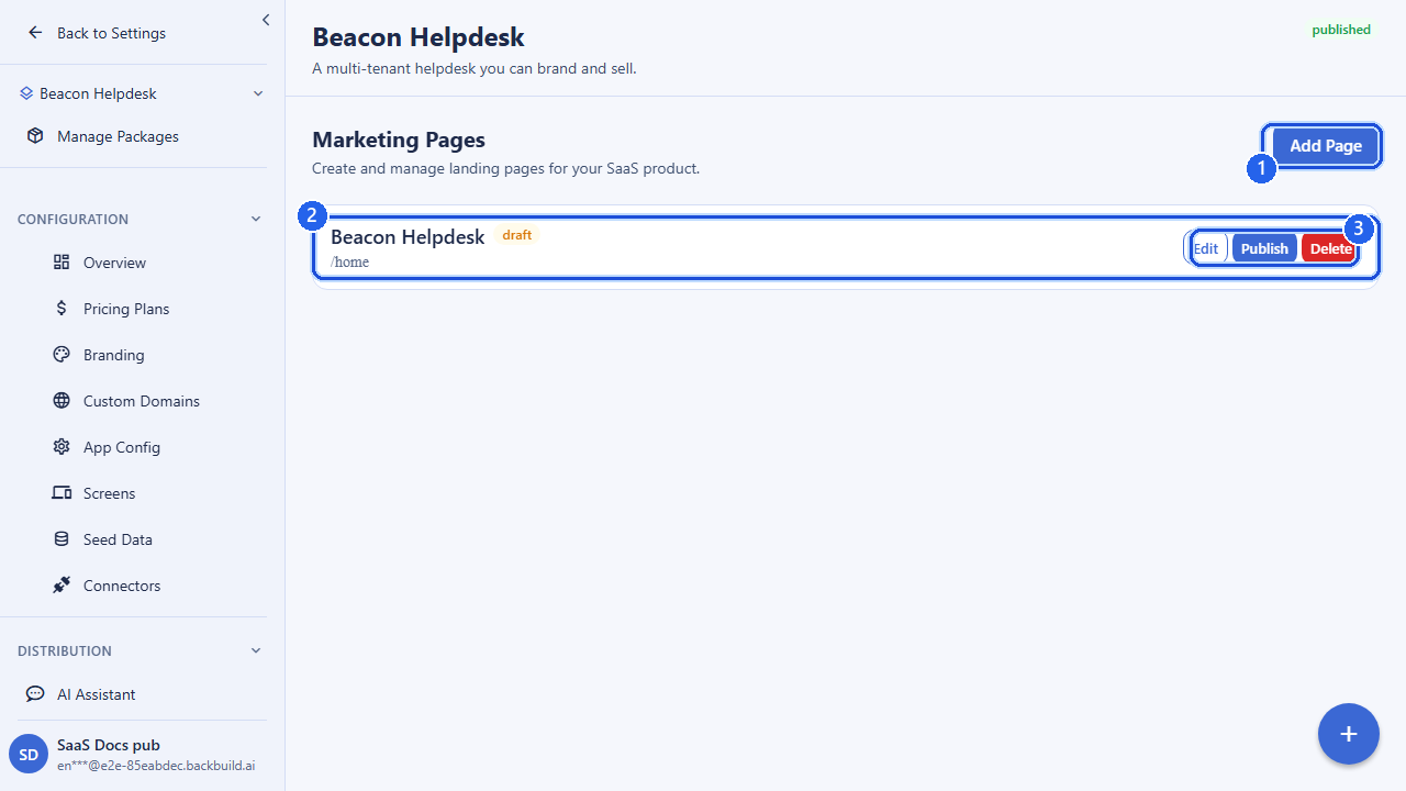 The Marketing Pages screen for a package. Callout 1 marks the Add Page button. Callout 2 marks a marketing page entry with its path and draft status. Callout 3 marks the per-page Edit, Publish, and Delete actions.