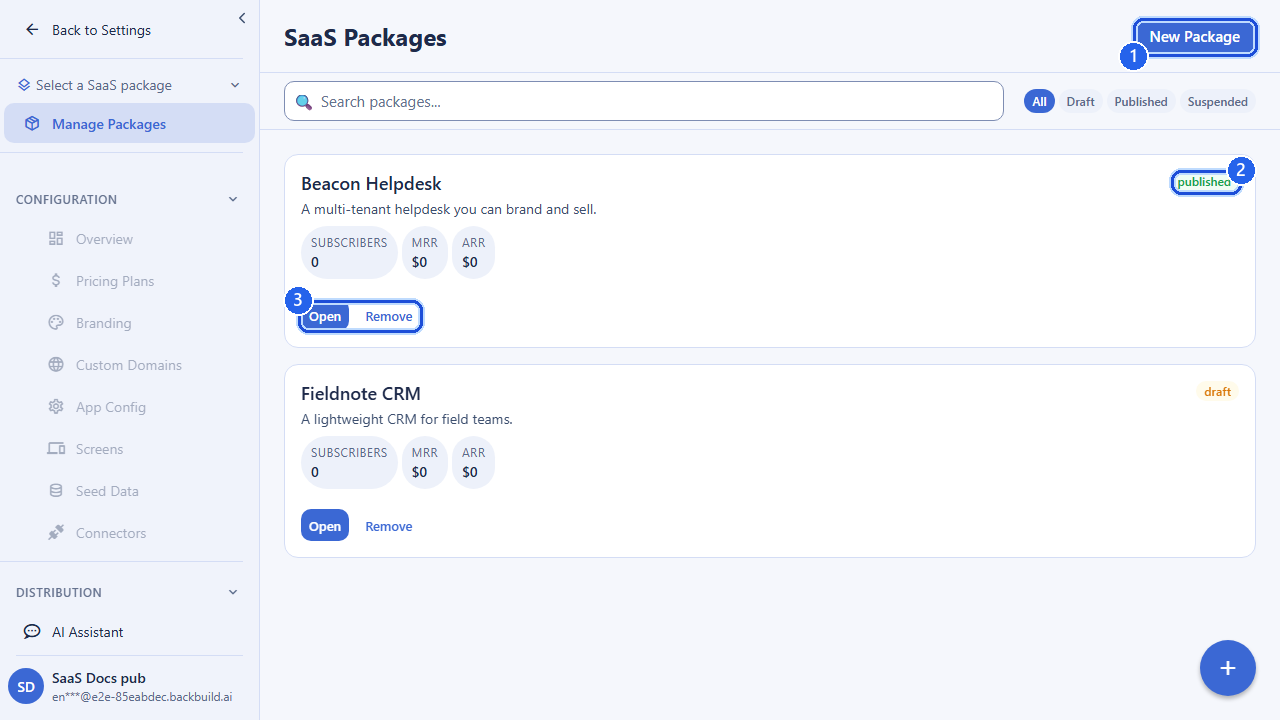 The SaaS Packages list in the builder. Callout 1 marks the New Package button. Callout 2 marks the published status badge on the Beacon Helpdesk package; the Fieldnote CRM package below it shows a draft badge. Callout 3 marks the per-package Open and Remove actions.