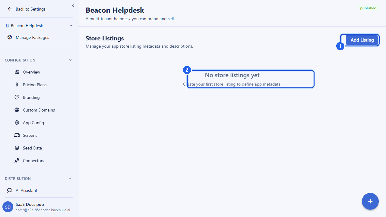 The Store Listings screen for a package. Callout 1 marks the Add Listing button. Callout 2 marks the listings area where each app-store listing's metadata and description are managed. Shown here before any listing is created.