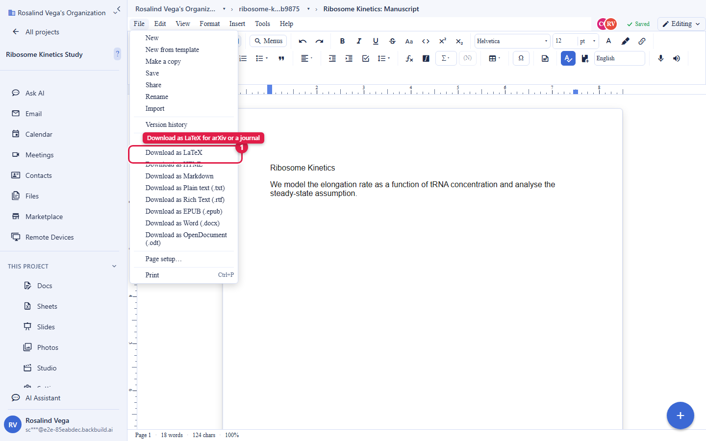 The Backbuild Docs File menu open. The Download as LaTeX item is circled and labelled Download as LaTeX for arXiv or a journal. Below it the full export list is visible: Download as HTML, Markdown, Plain text, Rich Text, EPUB, Word (.docx), and OpenDocument (.odt), along with Page setup and Print.