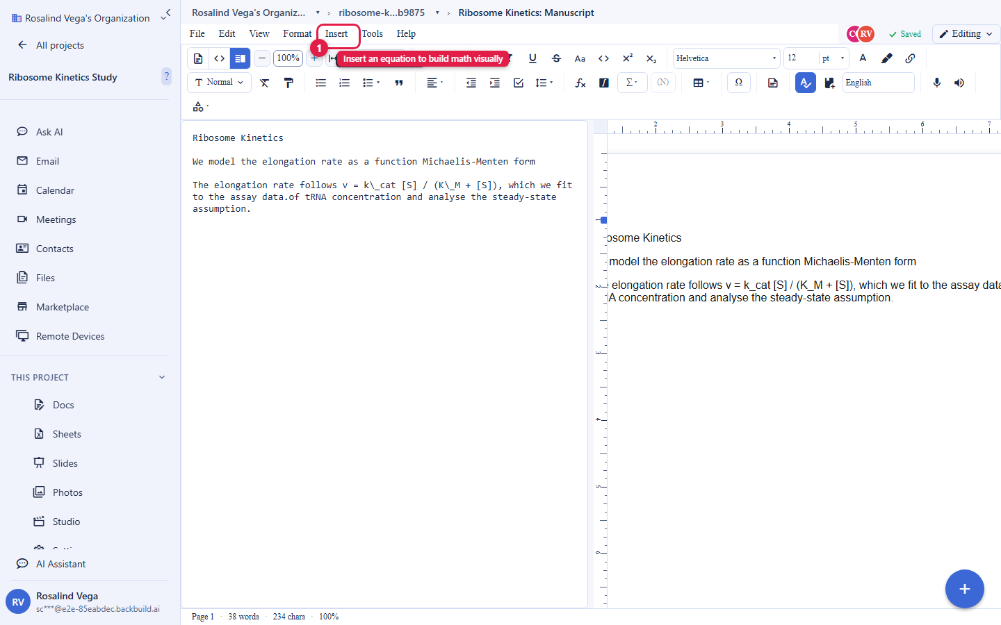 The Backbuild Docs editor in Split view on a math-bearing manuscript. The left pane shows the formatted text including the rate law v equals k_cat times S over K_M plus S. The right pane shows the same content as source. The Insert menu in the top menu bar is circled and labelled Insert an equation to build math visually.