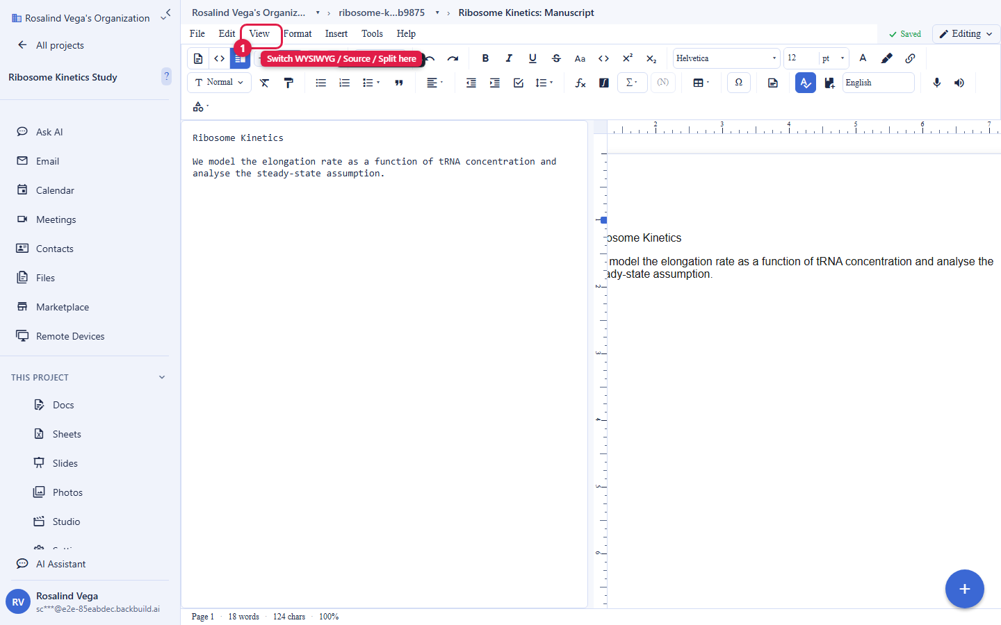 The Backbuild Docs editor in side-by-side Split view. The left pane shows the formatted document with a Ribosome Kinetics heading and a paragraph. The right pane shows the same content as editable source. The View menu in the top menu bar is circled and labelled Switch WYSIWYG, Source, or Split here.
