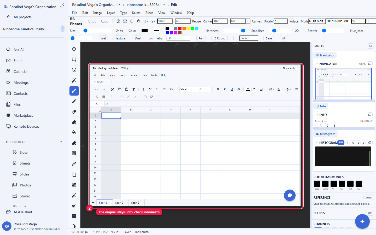 The Backbuild Photos editor open on an image. A vertical tool rail on the left holds move, selection, brush, clone, gradient and other tools. The top bar has Undo, Redo, Resize, Canvas, Rotate and colour-mode controls. A panels column on the right shows Navigator, Info, a live Histogram, Colour Harmonies, a Reference loader, Scopes and Channels. The status bar reads one layer, and the canvas is labelled The original stays untouched underneath.