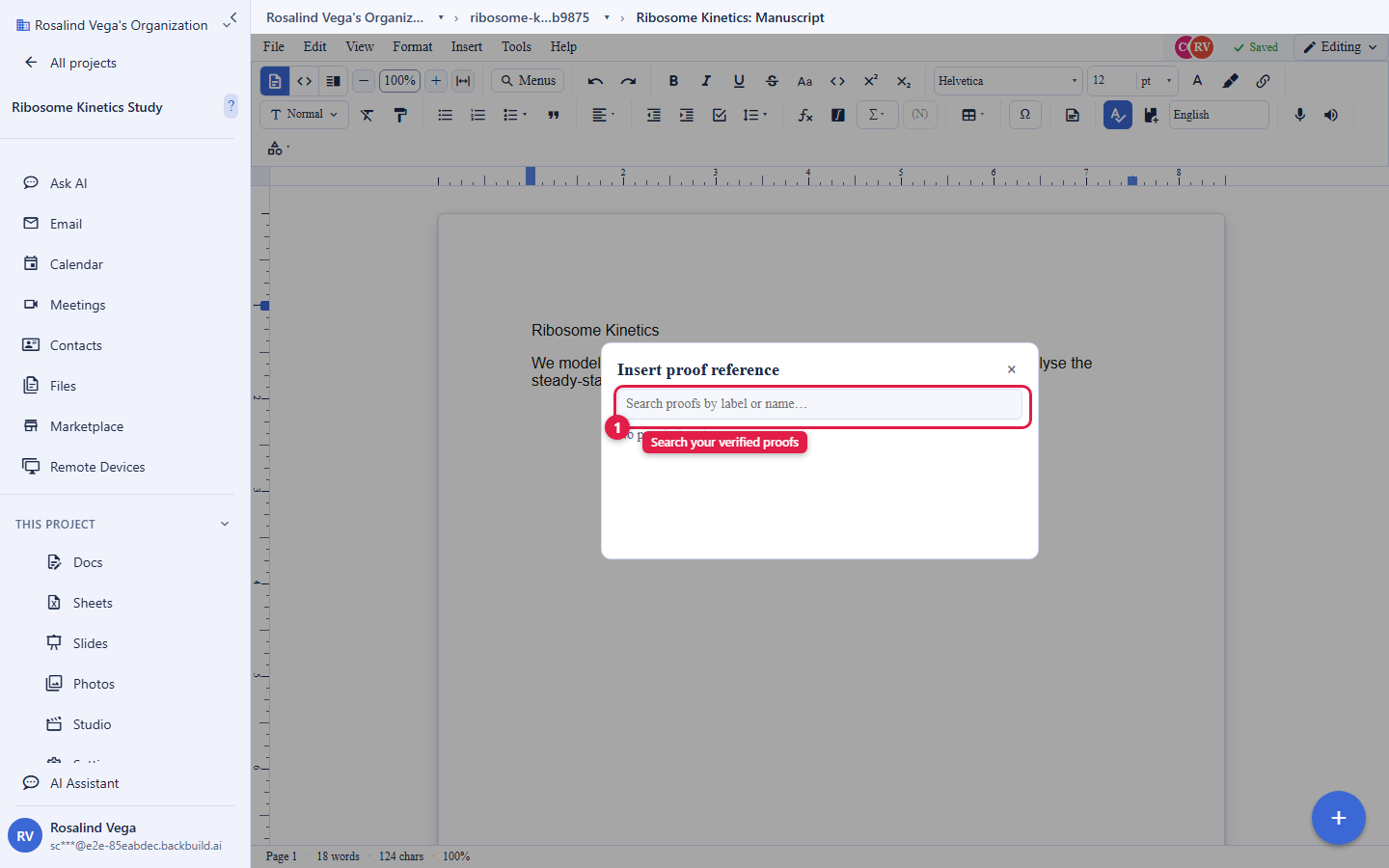 The Insert proof reference dialog open over a document in the Backbuild Docs editor. A search field labelled Search proofs by label or name is circled and captioned Search your verified proofs. The dialog is where an author picks one of their verified proof entries to cite from the manuscript.