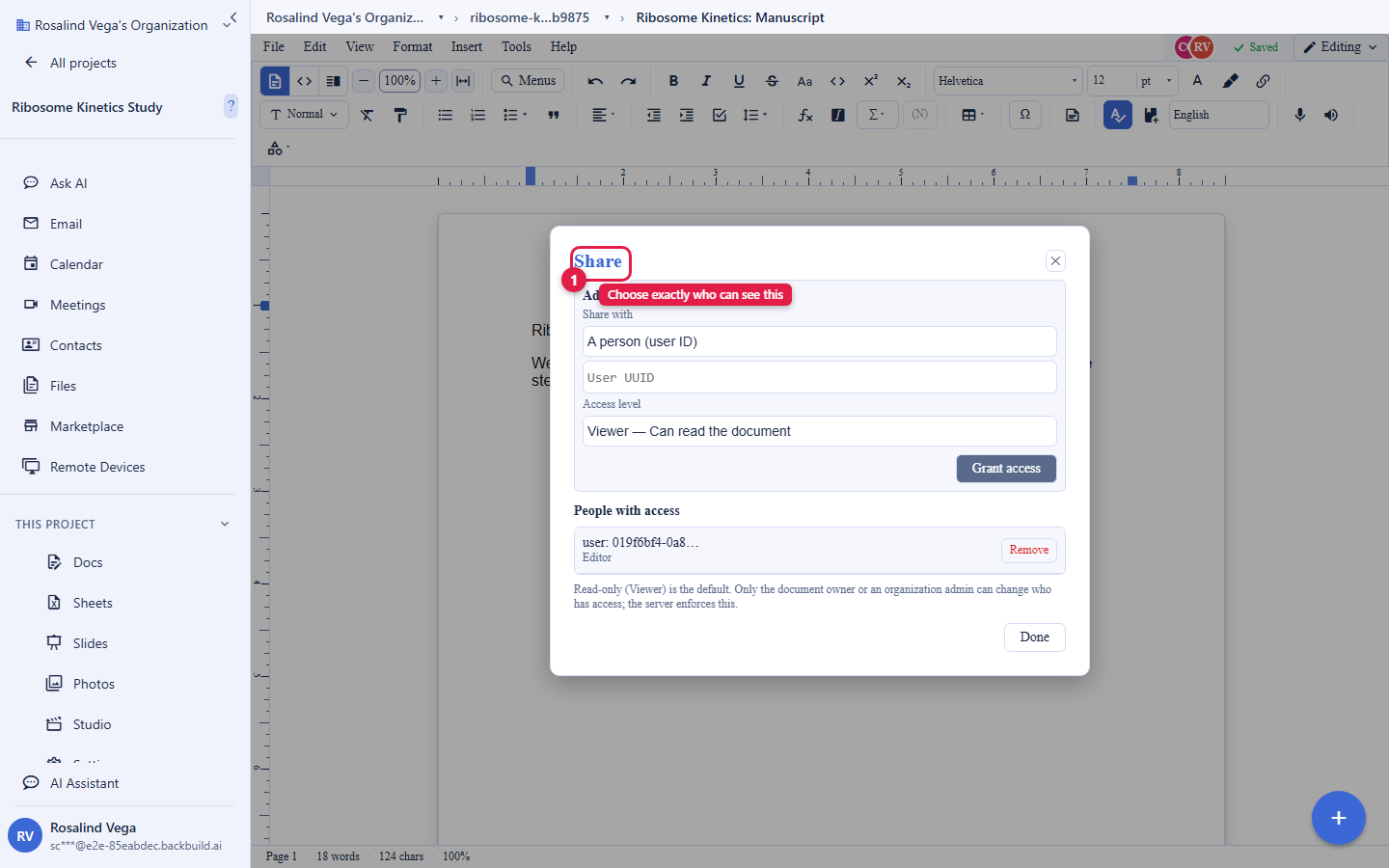The Share dialog open over a document. A Share with field takes a specific person by user ID, an Access level selector is set to Viewer (Can read the document), and a Grant access button confirms it. A People with access list shows the current members and their access level with a Remove control. A note reads that read-only Viewer is the default and that only the document owner or an organization admin can change who has access, which the server enforces.