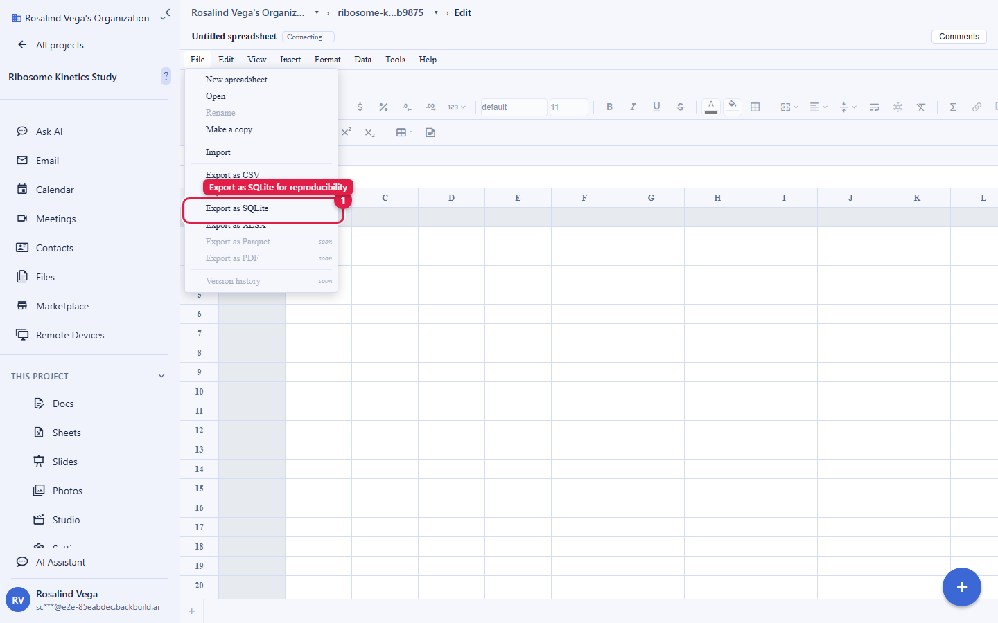 The Backbuild Sheets File menu open. The Export as SQLite item is circled and labelled Export as SQLite for reproducibility. Above it is Export as CSV, and below it Export as XLSX, with Export as Parquet, Export as PDF and Version history shown as coming soon.