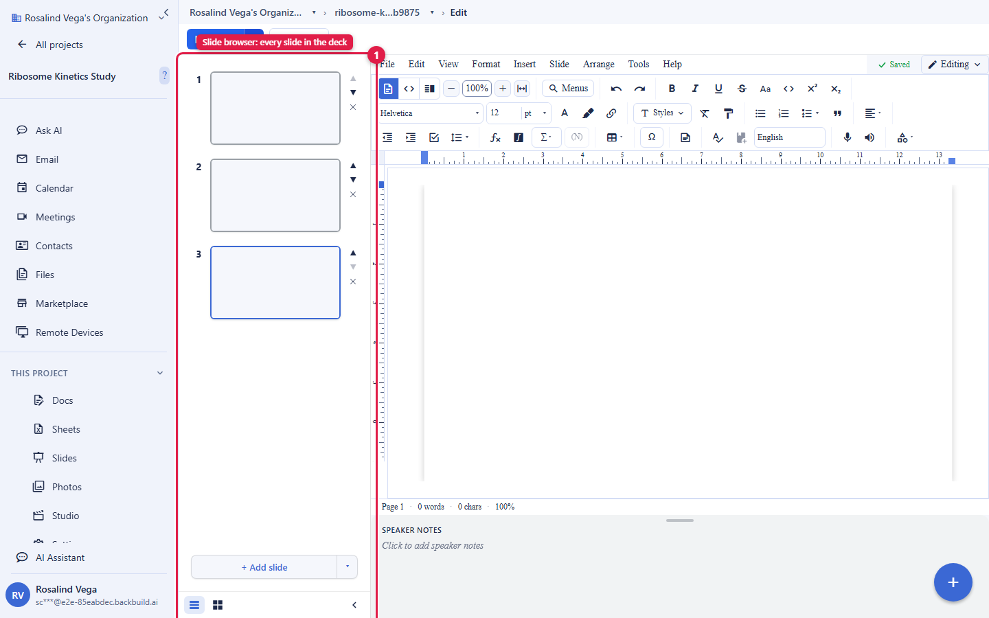 The Backbuild Slides editor. A slide browser rail on the left, circled and labelled Slide browser every slide in the deck, shows numbered slide thumbnails. The slide canvas is on the right with the same rich editing toolbar as the document editor, an Add slide button below the rail, and a Speaker notes area at the bottom.