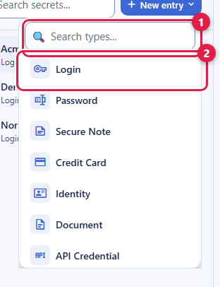 The New Entry type flyout in Backbuild Secrets, with a search box at the top and a scrollable grid of item types below, each with an icon: Login, Password, Secure Note, Credit Card, Identity, Document, API Credential, and more. Callout 1 marks the search box; callout 2 marks the Login type.
