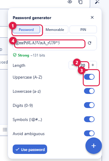 The password generator popover in Backbuild Secrets. Callout 1 marks the mode toggle for Password, Memorable, and PIN. Callout 2 marks the length stepper. Callout 3 marks the character-class toggles for uppercase, lowercase, digits, and symbols, with an avoid-ambiguous option. Callout 4 marks the live preview of the generated value, above a strength readout and a regenerate control.