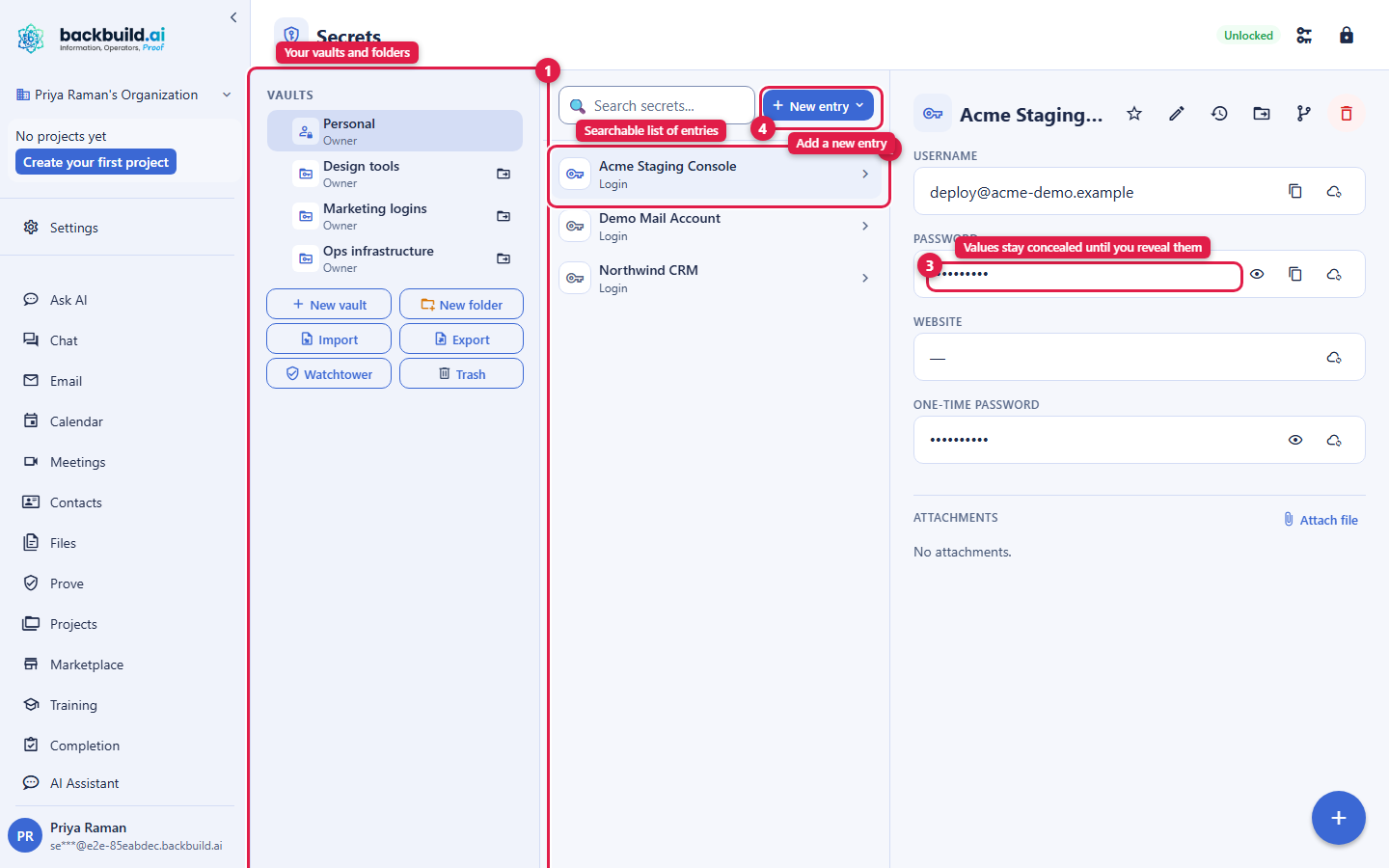 Backbuild Secrets open in the web app, showing the three-pane layout. Callout 1 marks the vault and folder rail on the left listing the Personal vault and named team vaults. Callout 2 marks the search box and item list in the middle. Callout 3 marks the entry detail on the right with masked fields and reveal and copy controls. Callout 4 marks the New Entry button.