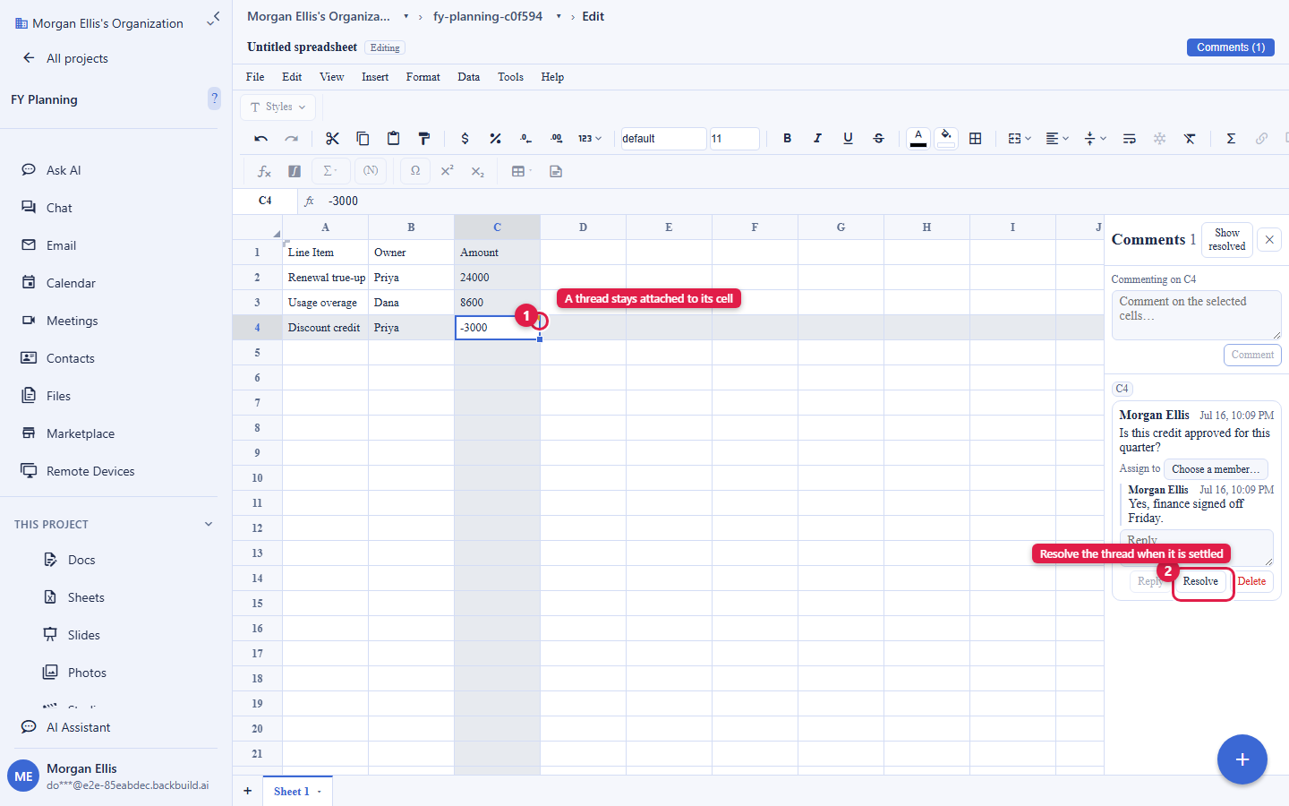 A Backbuild Sheets grid with a comments sidebar open on the right showing a thread anchored to a highlighted cell, with a comment, a reply, author names and timestamps, and a Resolve control. The anchored cell and the Resolve control are circled and labelled A thread stays attached to its cell.