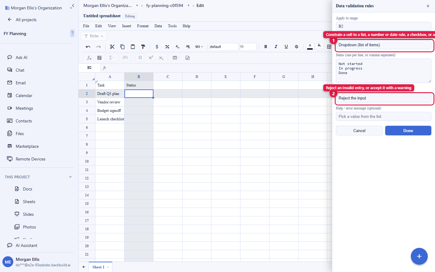 A Backbuild Sheets grid with the data-validation panel open on the right. The rule kind is set to a list of items and is circled, and the choice between rejecting an invalid entry and accepting it with a warning is circled below it.