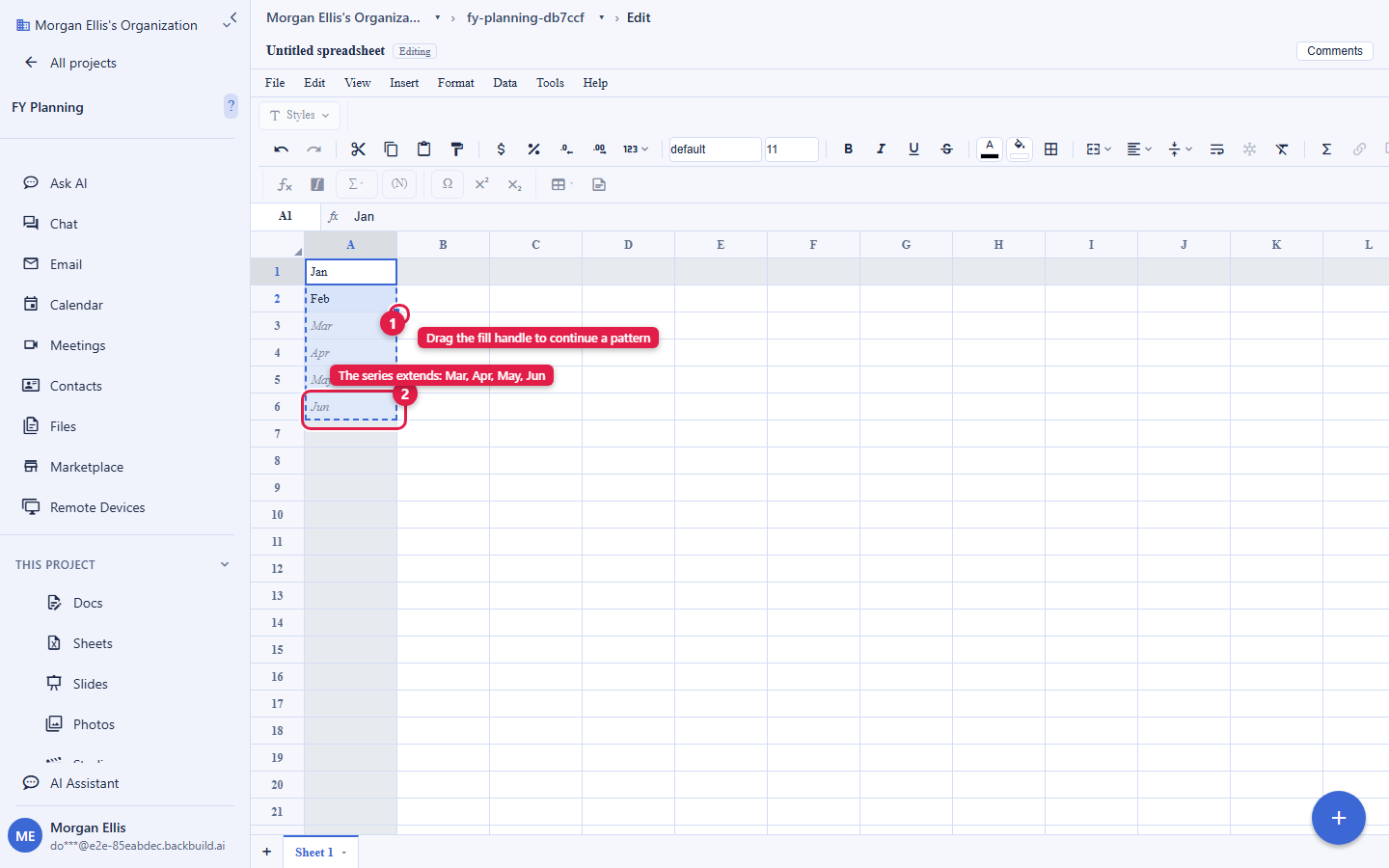 A Backbuild Sheets grid with cells A1 and A2 holding Jan and Feb and selected. The small fill-handle square at the bottom-right corner of the selection is circled and labelled Drag the fill handle to continue a pattern, with a drag down to A6 previewing Mar, Apr, May, and Jun.