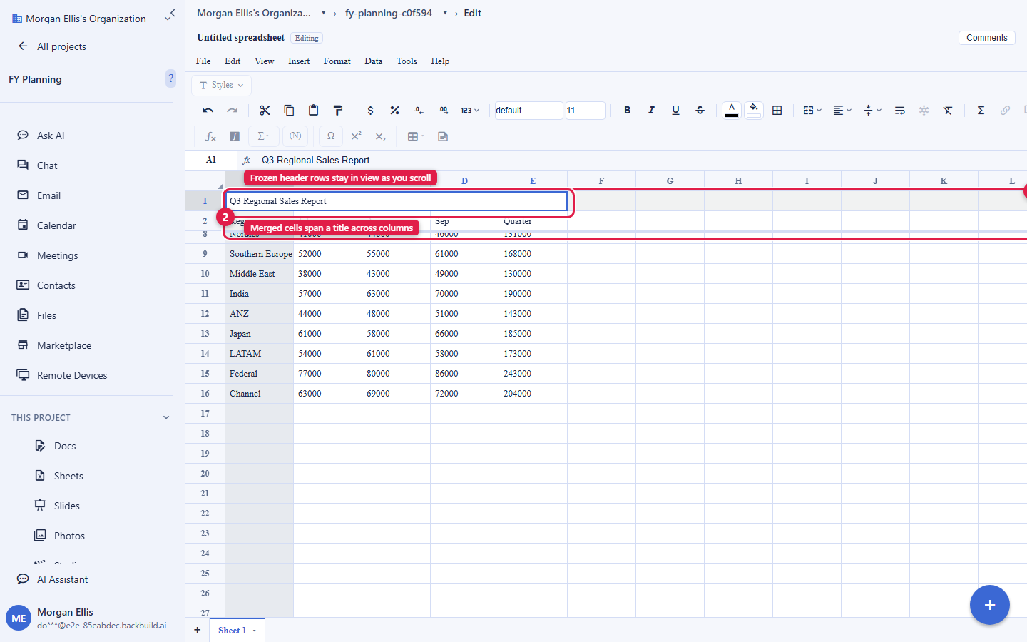 A Backbuild Sheets grid with the top header row frozen behind a divider line so it stays visible while lower rows scroll, and a merged title cell spanning columns A through E at the top. The freeze divider is circled and labelled Frozen header row stays in view, and the merged title is circled and labelled Merged cells span a title across columns.