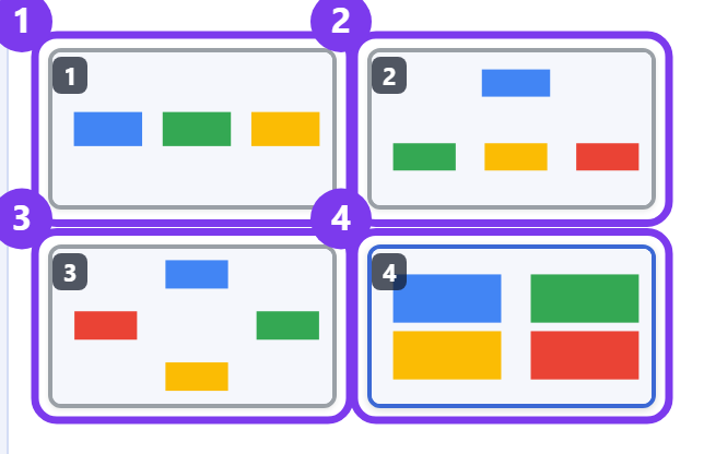 Four slides shown together in the light-table grid view of Backbuild Slides, numbered 1 to 4, each holding a built-in diagram rendered as real colored shapes: 1 a process row, 2 a hierarchy, 3 a cycle, and 4 a grid.