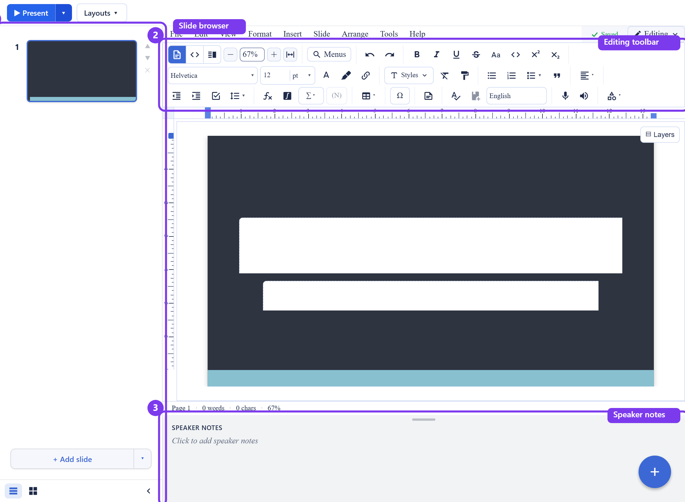 The Backbuild Slides editor. Three areas are outlined and numbered: 1, the slide browser rail on the left with a themed slide thumbnail; 2, the editing toolbar across the top of the canvas; and 3, the speaker notes pane docked below the slide.