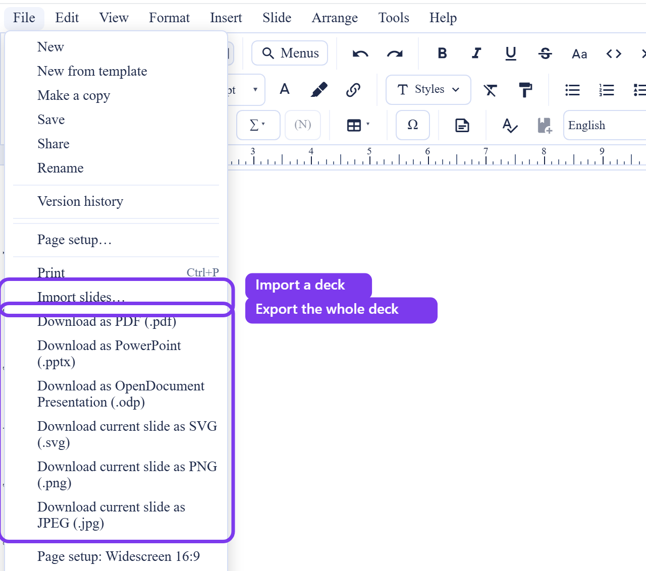 The File menu open in Backbuild Slides. Import slides is outlined and labelled Import a deck. The export group is outlined and labelled Export the whole deck: Download as PDF, as PowerPoint (.pptx), as OpenDocument Presentation (.odp), and download the current slide as SVG, PNG, or JPEG.
