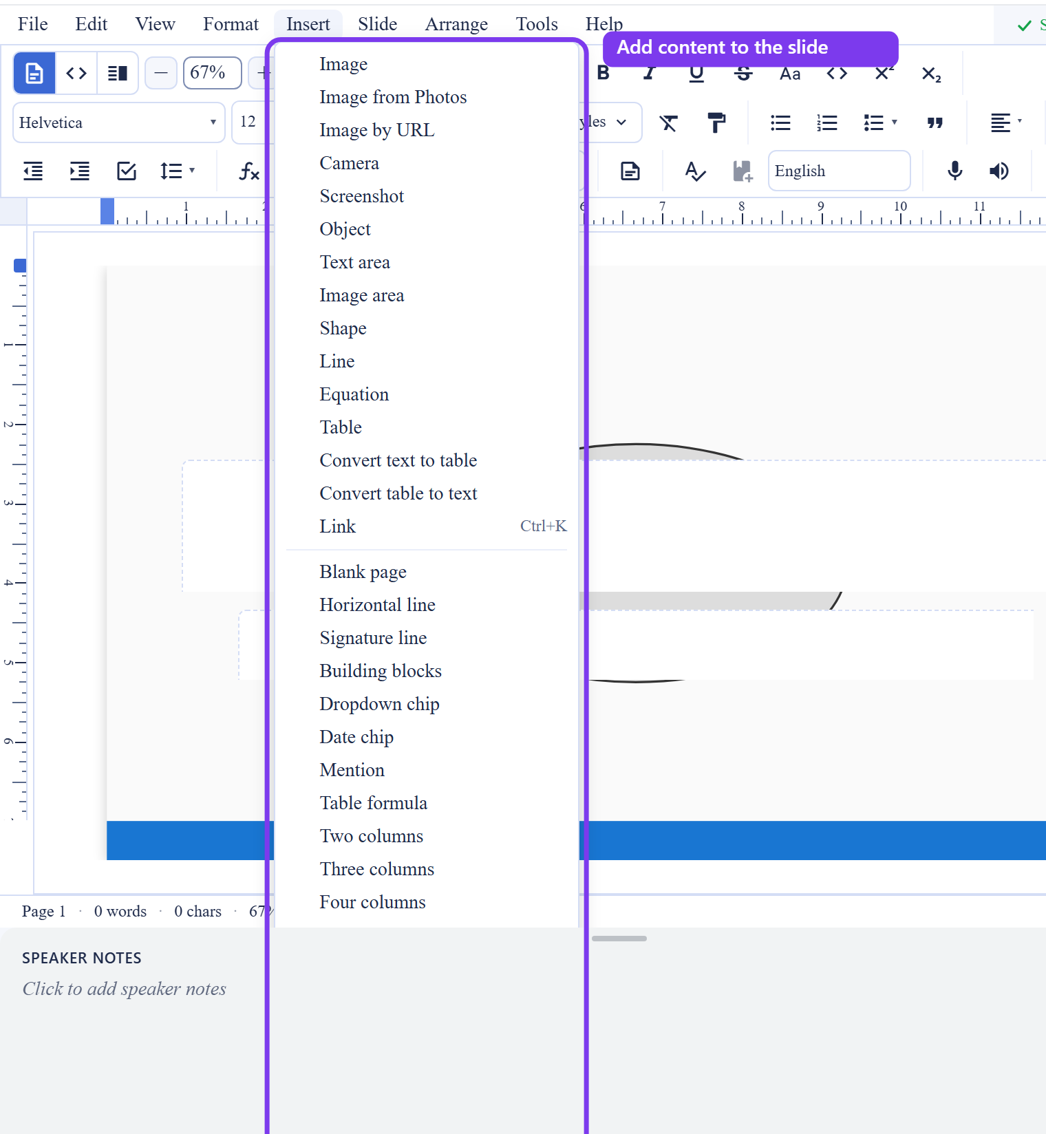The Insert menu open in the Backbuild Slides editor over a themed slide, listing content options including Image, Text area, Image area, Shape, Line, Equation, and Table. The menu is outlined with the label Add content to the slide.