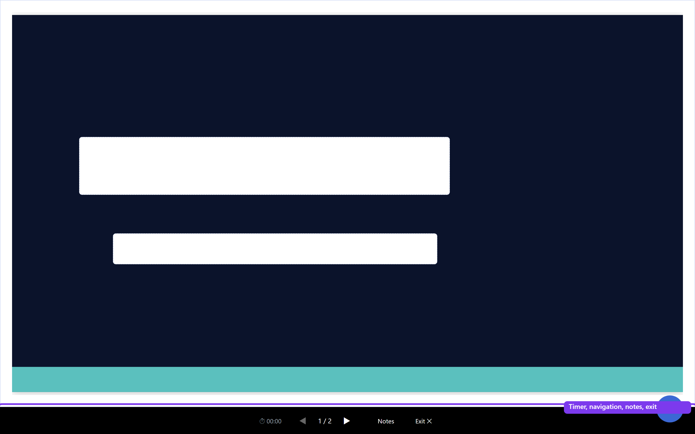 Backbuild Slides in fullscreen present mode, one themed slide filling the screen, with a slim control bar at the bottom outlined and labelled: an elapsed timer, previous and next arrows, a 1 of 2 slide counter, a Notes toggle, and Exit.