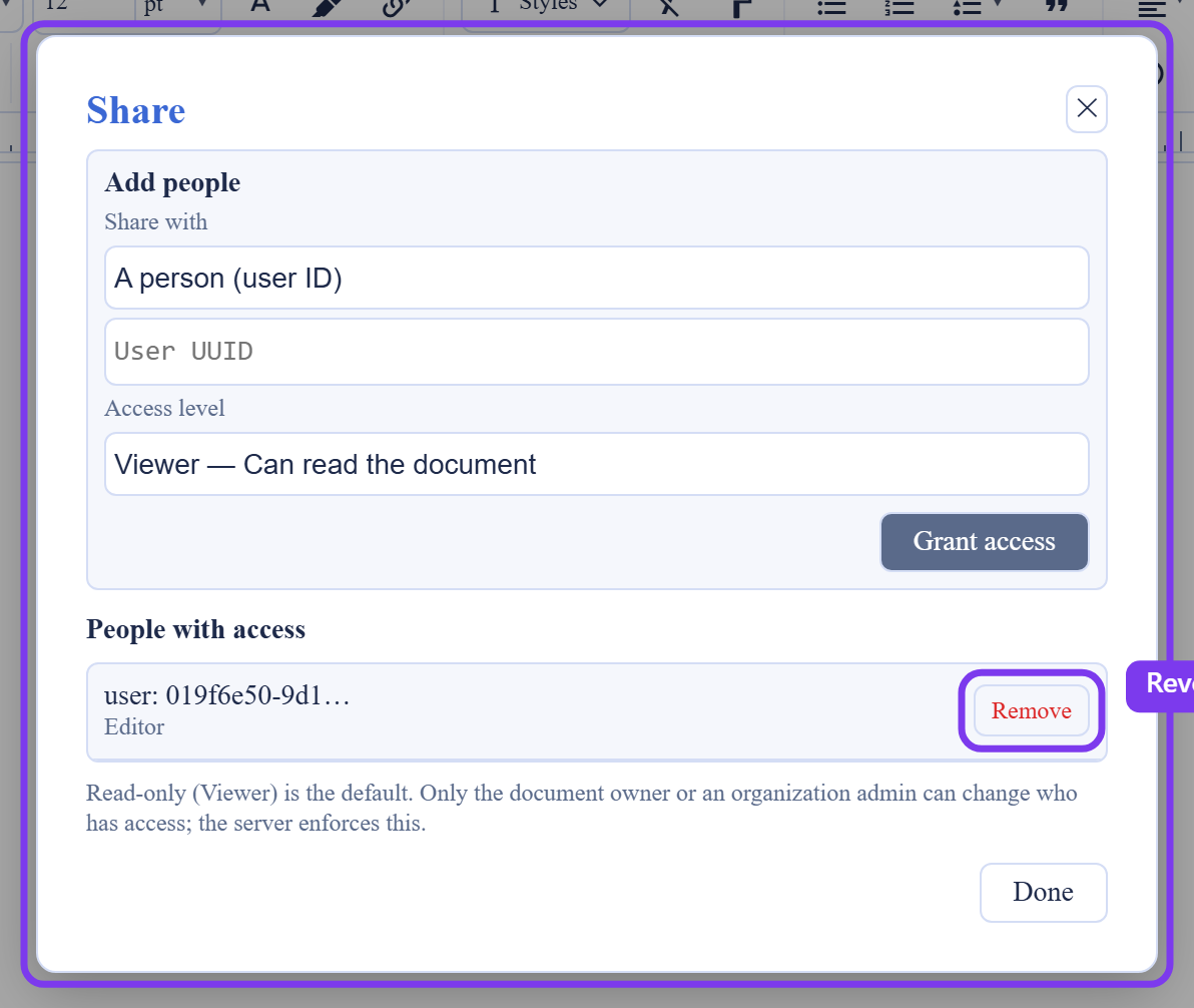 The Share dialog for a Backbuild Slides deck. An Add people section shares with a person at a chosen access level, Viewer or Editor, with a Grant access button. A People with access list shows each person's role, and the Remove control is outlined and labelled Revoke access. A note states that read-only is the default and the server enforces who can change access.