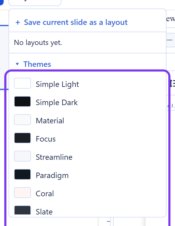 The Layouts panel in Backbuild Slides with the Themes section expanded, listing built-in themes each with a color swatch: Simple Light, Simple Dark, Material, Focus, Streamline, Paradigm, Coral, and Slate, with more below. The themes list is outlined.