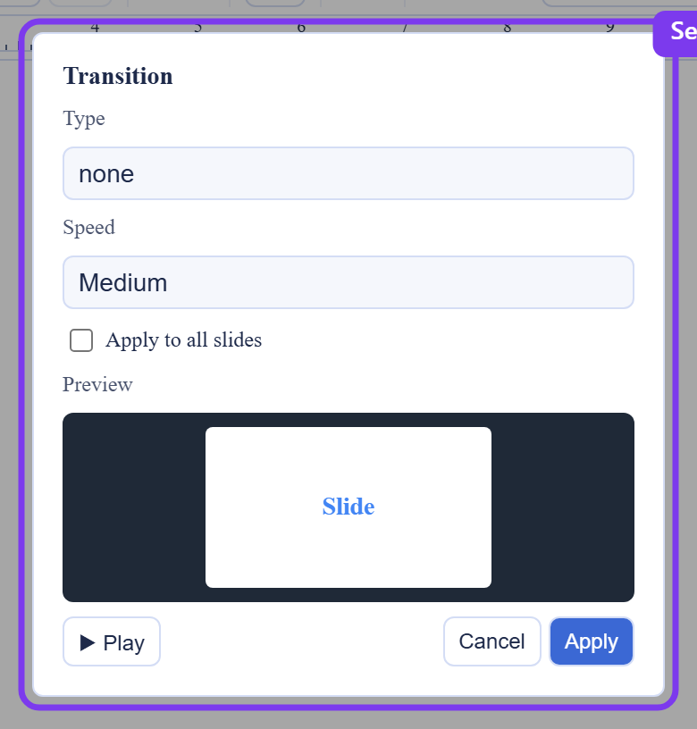 The slide transition dialog in Backbuild Slides, outlined. It has a Type selector set to none, a Speed selector set to Medium, an Apply to all slides checkbox, a live preview of the slide, and Play, Cancel, and Apply buttons.
